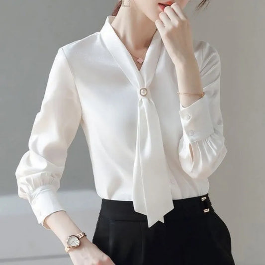 Long Sleeve Bow Tie Collar Women Tops