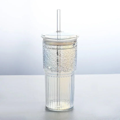 Gobelet en verre rayé de 600 ml avec thé - Couvercle et paille