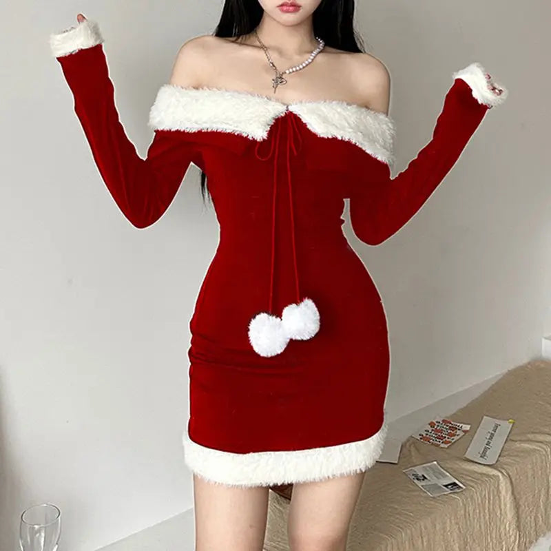 Red Off-Shoulder Christmas Party Mini Dress