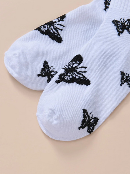 Mid-Length Black & White Butterfly Socks