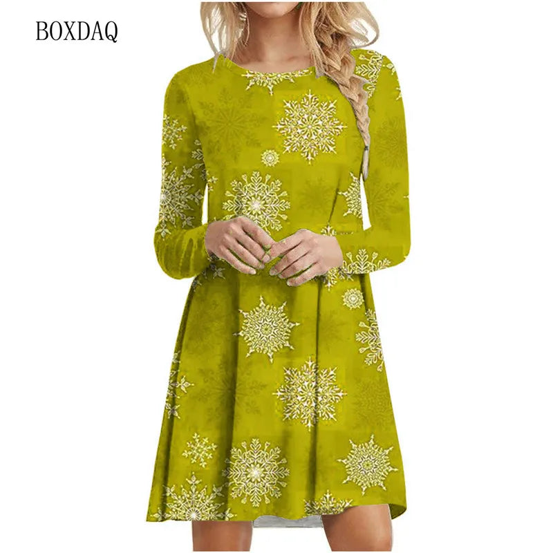 Snowflake Print Long Sleeve Mini Dress