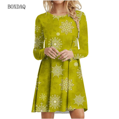 Snowflake Print Long Sleeve Mini Dress