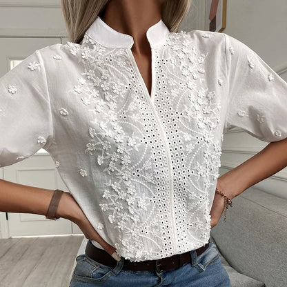 Summer Embroidery Lace V Neck Short Sleeve Tops