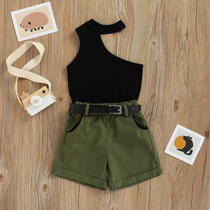 Tenue short pour bébé fille, t-shirt sans manches, asymétrique épaule dénudée, ensemble pantalon court