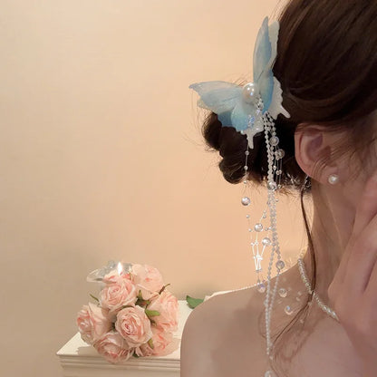 Women's Mermaid Pearl Butterfly Fairy Tassel Hair Clips