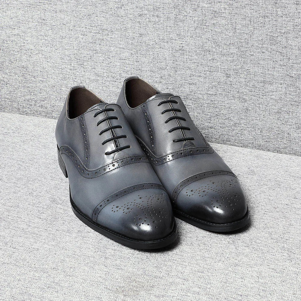 Gray Leather Brogue Oxford Shoes