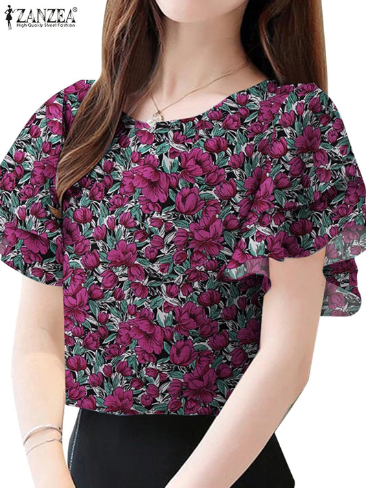 Retro Printed O-Neck Summer Tunic Tops