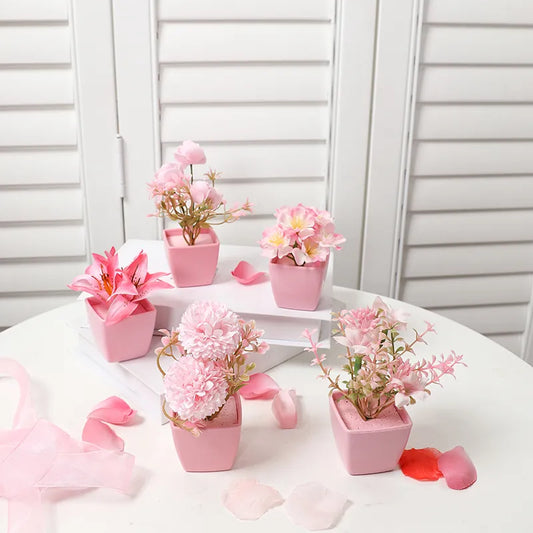 5 Stück, Mini-Rosa-Kunstblumen-Topfpflanze, Innen-Desktop-Regal-Dekoration