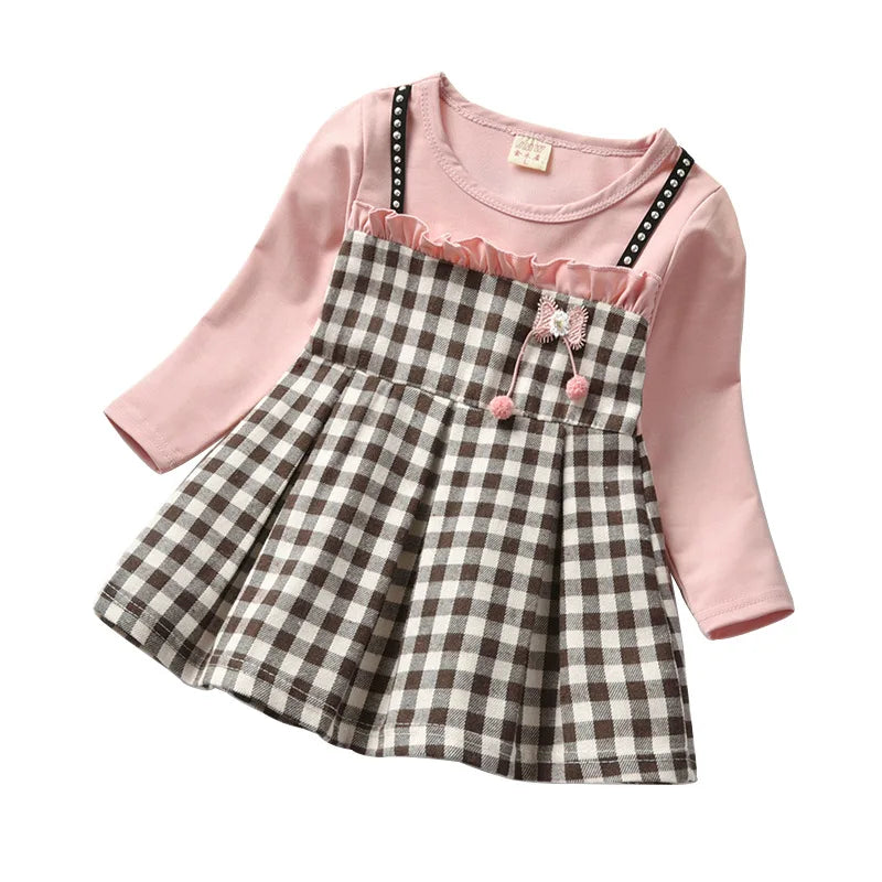 Baby girls rivet plaid long-sleeved dresses