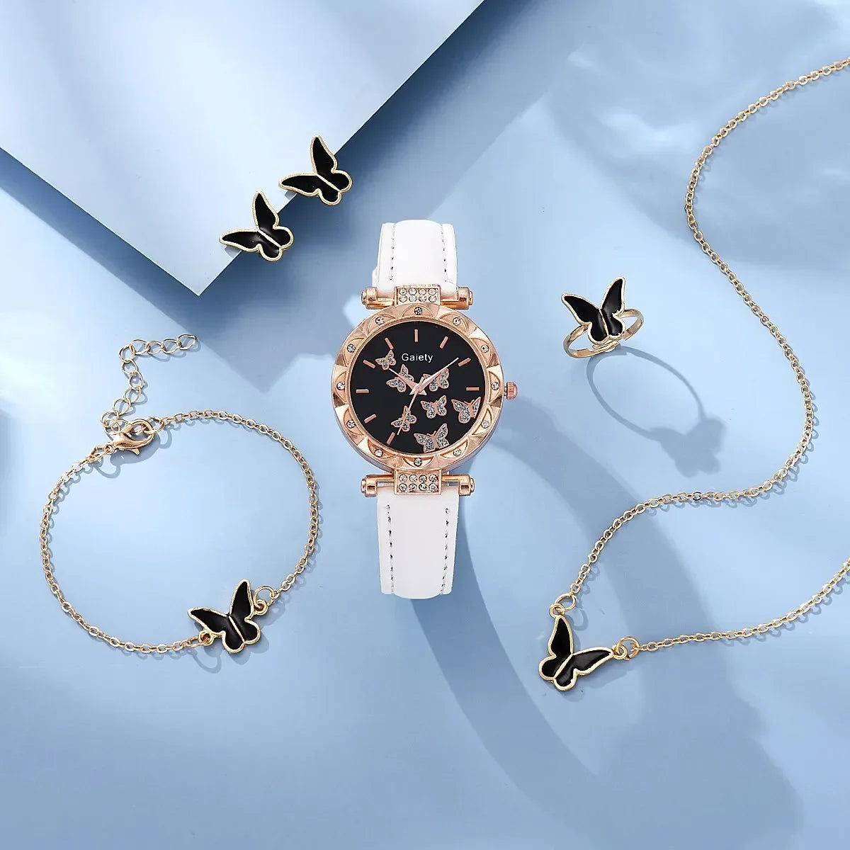 Strass-Armbanduhr mit Ring, Halskette und Ohrringen für Damen