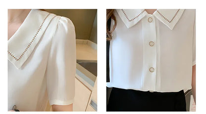 Women Turn Down Collar Short Sleeve Chiffon Blouse