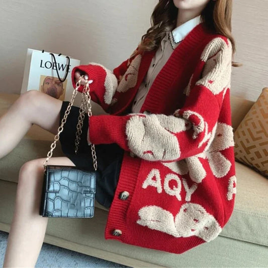 Women's Red Knitted Floral Printed Single-breasted Cardigan Sweaters