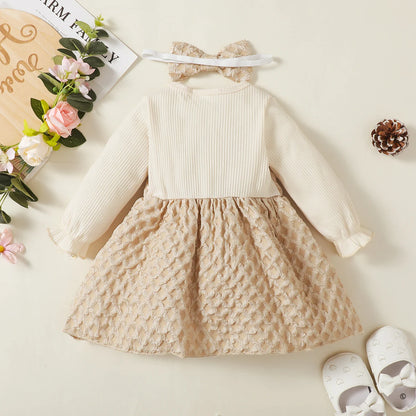 2 Pieces Baby Sweet Solid Color Long Sleeve Dress with Headband