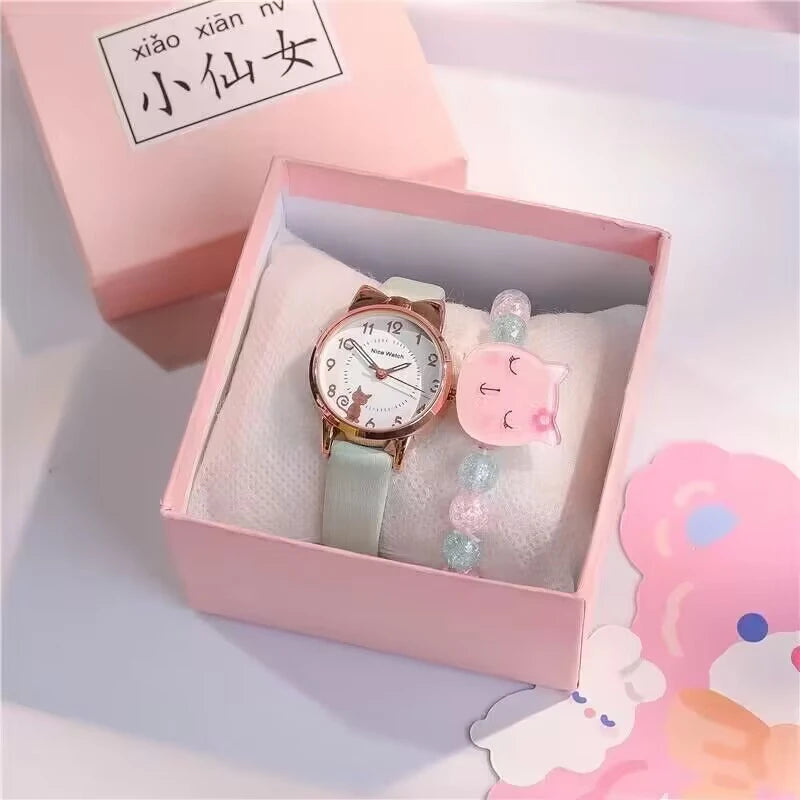 Women's PU Leather Strap Cute Cartoon Quartz Watches Jewlery Set