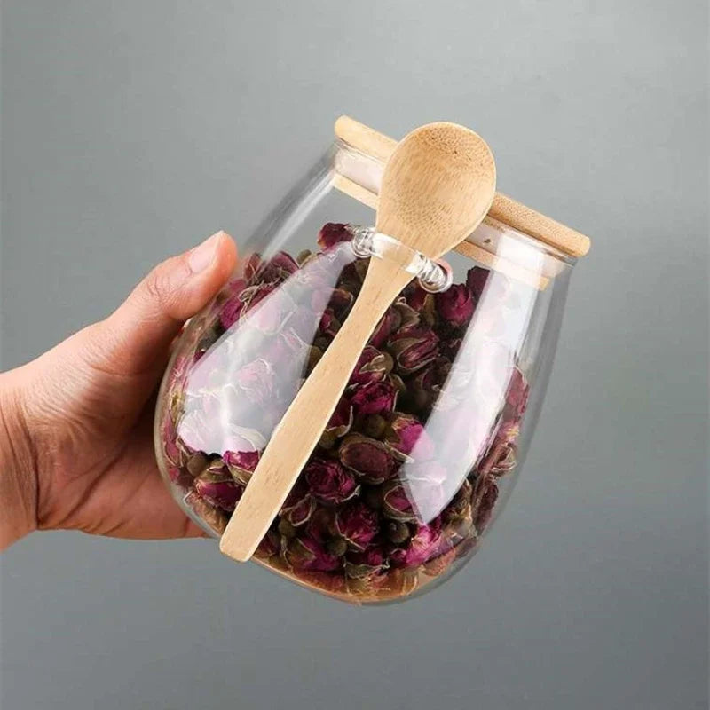 glass container with spoon
