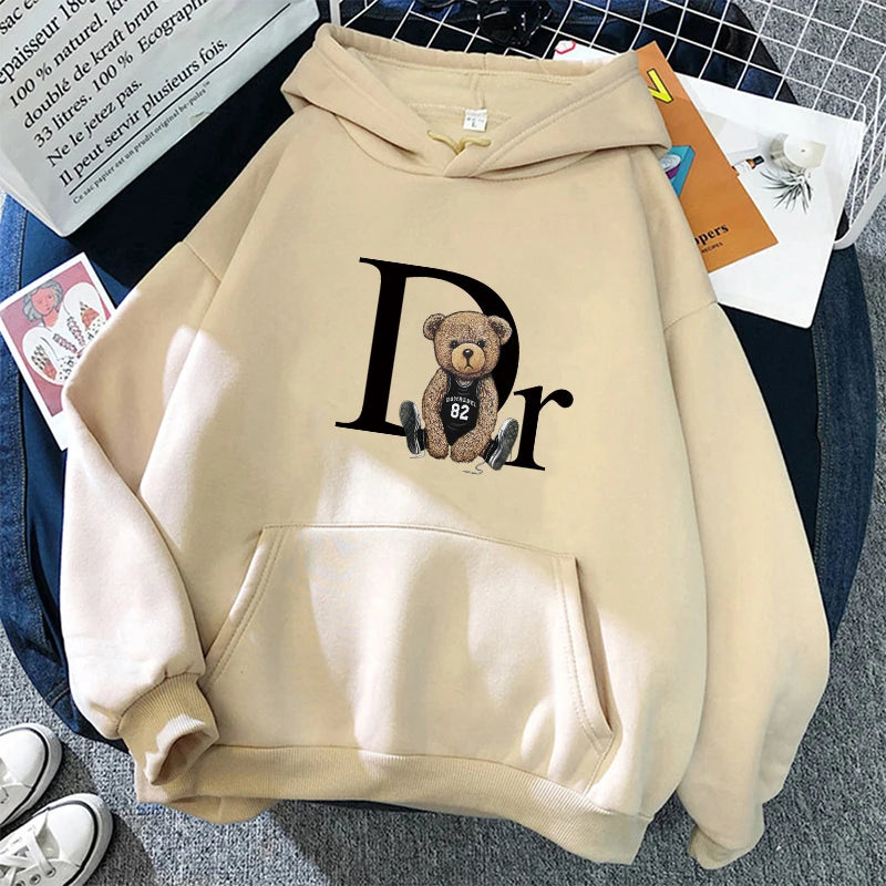 Unisex Long Sleeve Letter Bear Print Hoodie