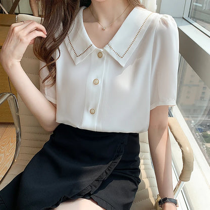 Women Turn Down Collar Short Sleeve Chiffon Blouse