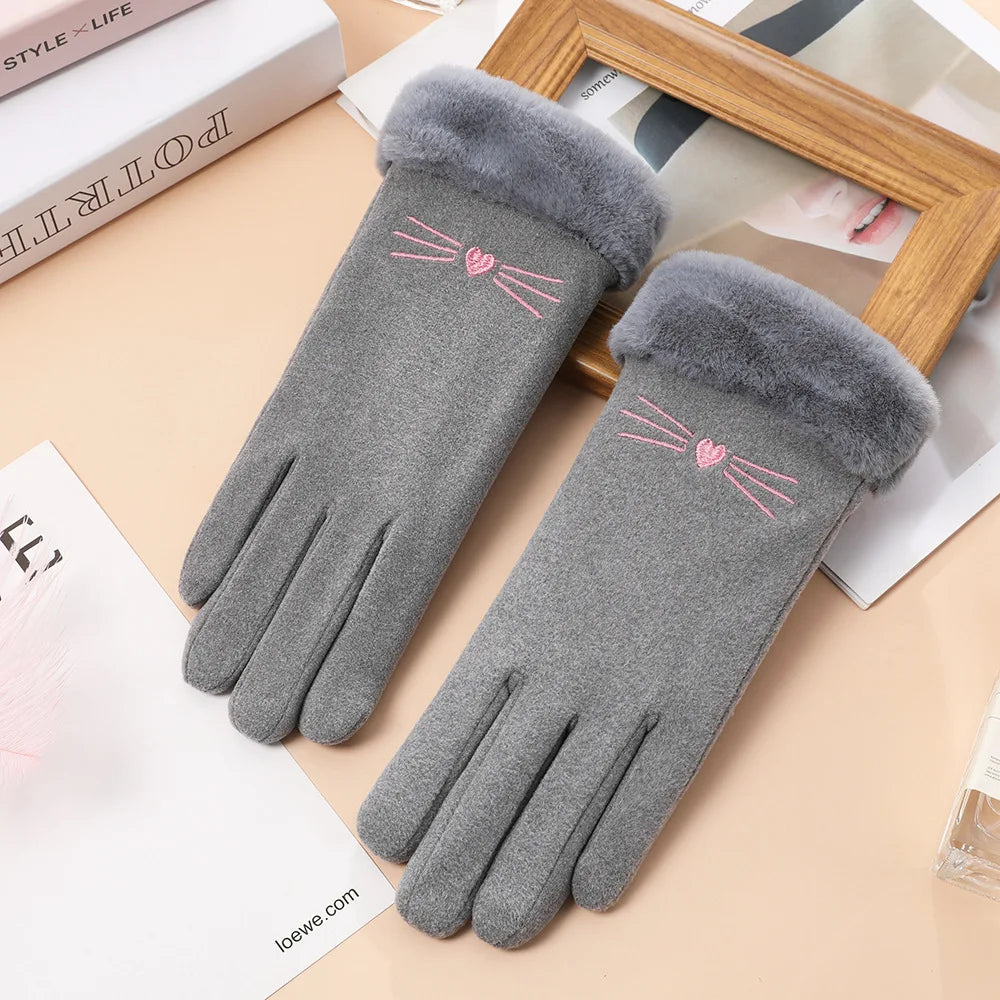 Cat Embroidery Touch Screen Suede Gloves