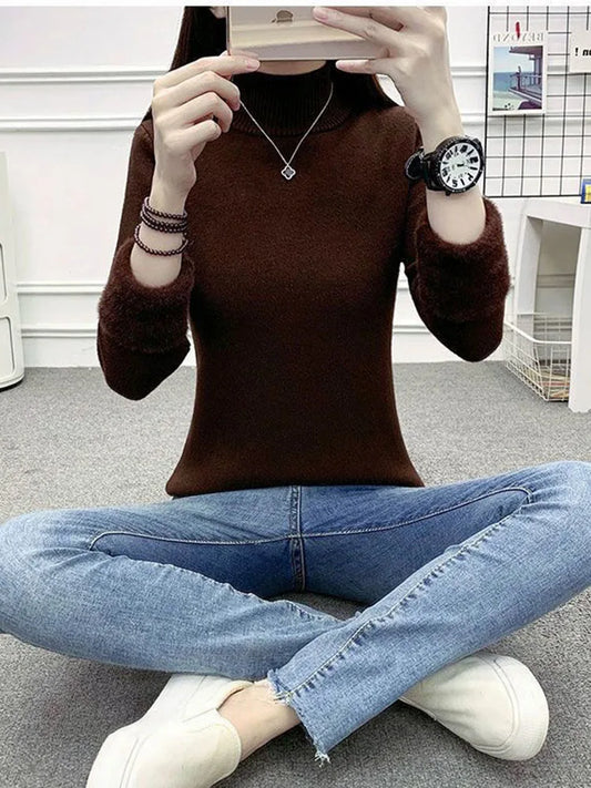 Pull col roulé mi-long en peluche slim pour femme