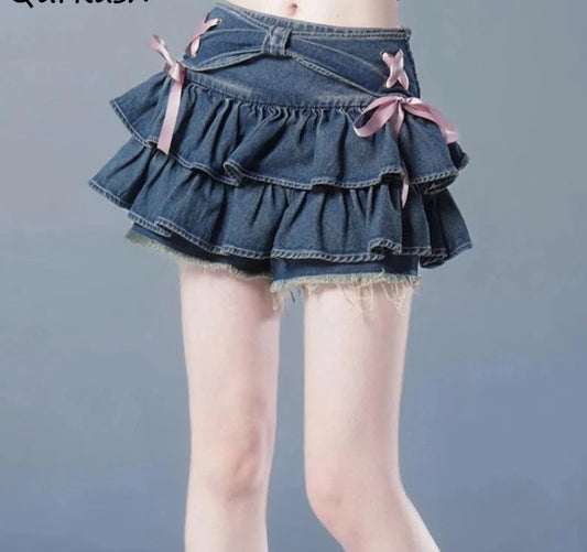 Kawaii Bow Mini Denim Skirt