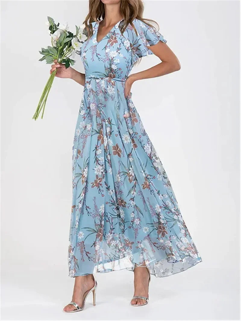 Women's Ruffle Short Sleeve V Neck Floral Chiffon Maxi Dresses