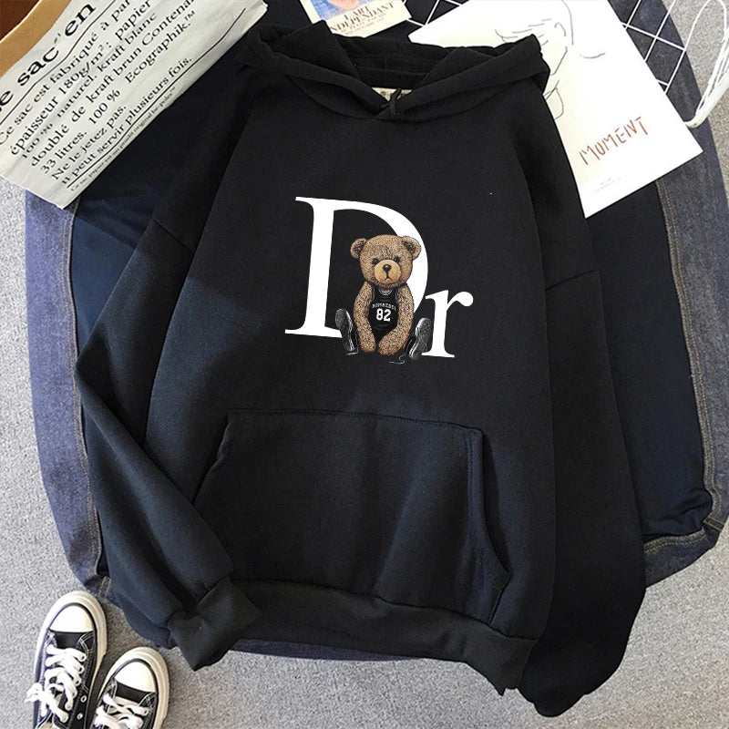 Unisex Long Sleeve Letter Bear Print Hoodie
