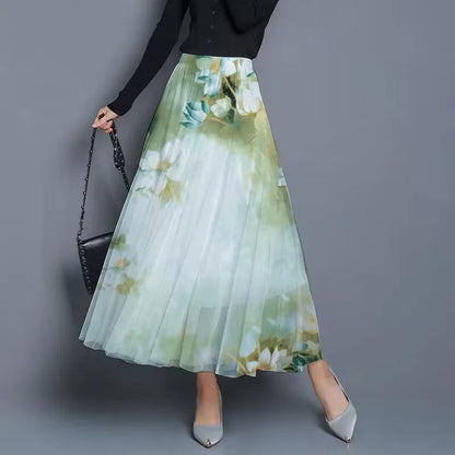 Floral Pleated Chiffon Maxi Skirt