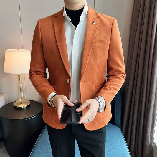 Blazer de costume en velours pour hommes, coupe cintrée en peau de cerf, grande taille