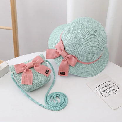 Baby Girls Lace Straw  Wide Brim Shoulder Bag & Sun Hats