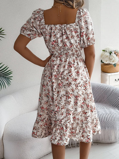 Women's Short Sleeve Floral Print Square Neck Ruffled Edge Dresses