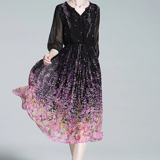 Women's Elegant Floral Printing Chiffon V-neck Silk Dresses