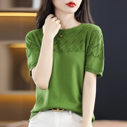 Summer Thin O-Neck Short Sleeve 100% Cotton Blouse