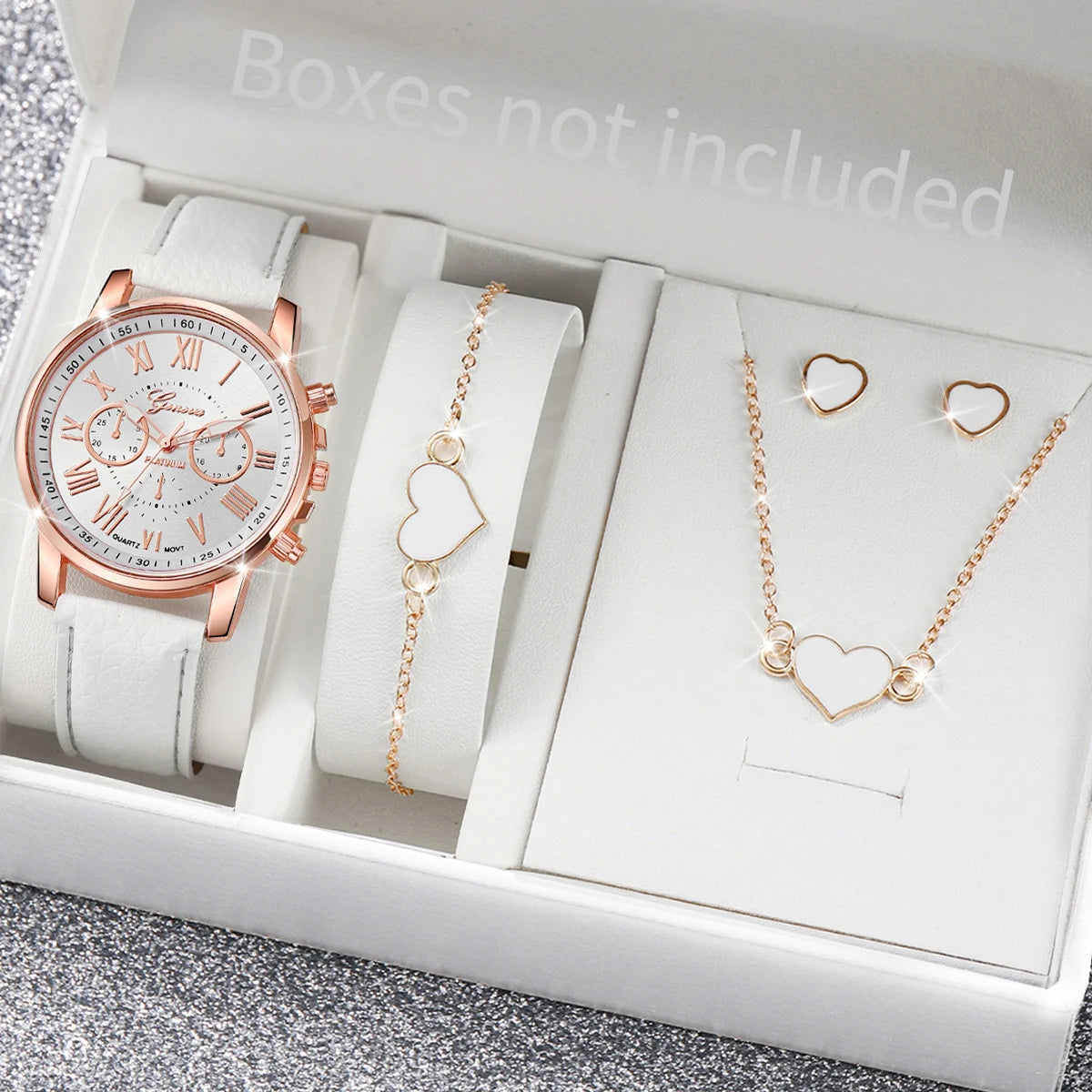 Montre-bracelet en strass avec bague, collier et boucles d'oreilles assorties pour femme 