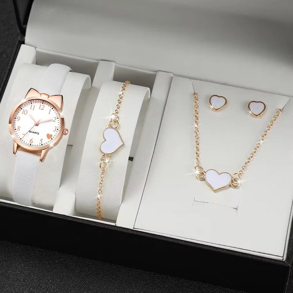Women's PU Leather Strap Cute Cartoon Quartz Watches Jewlery Set