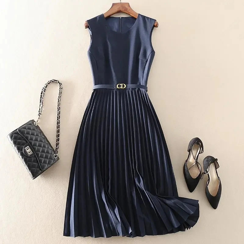 navy pleated dress