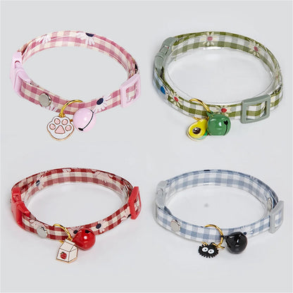 Adjustable Plaid Cat Collar with Bell Pendant