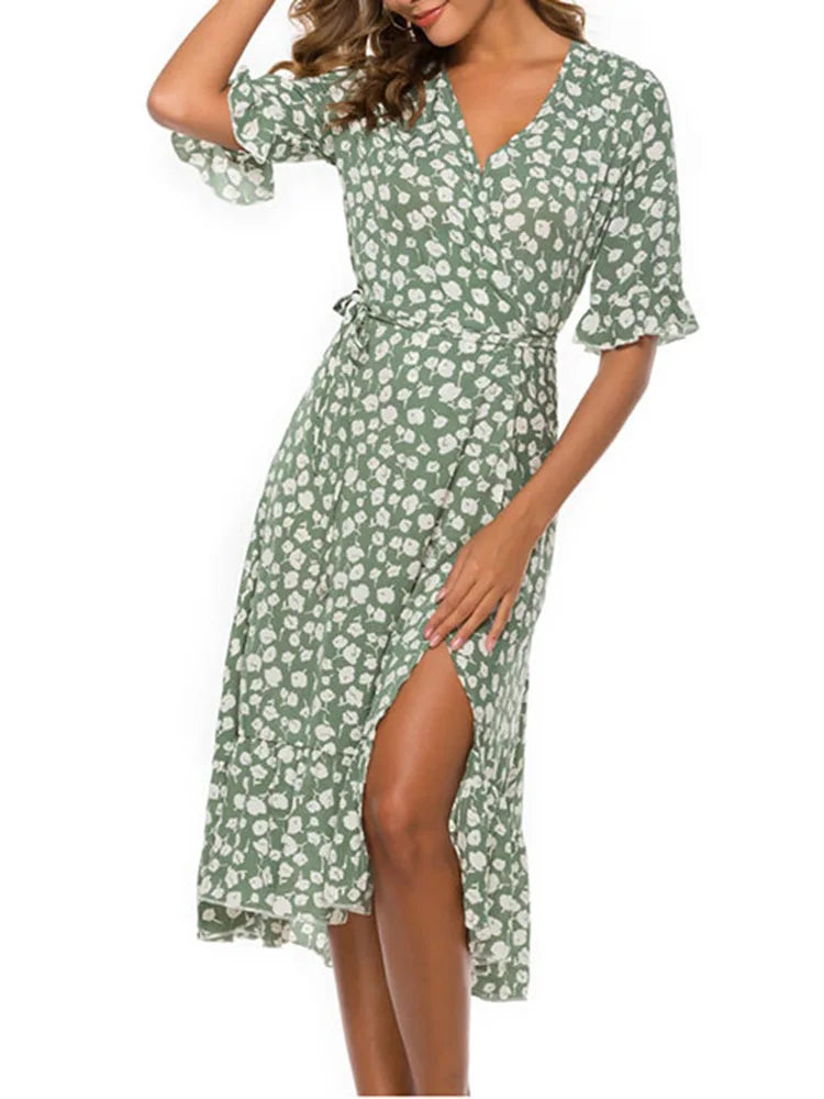 Boho Floral Ruffle Midi Maxi Dress