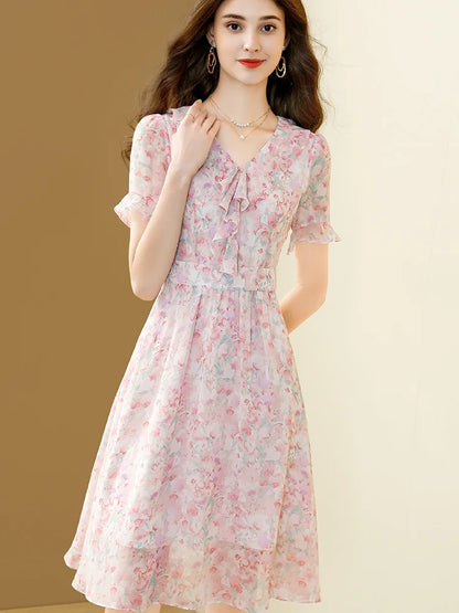 Floral Chiffon V-Neck A-line Dress