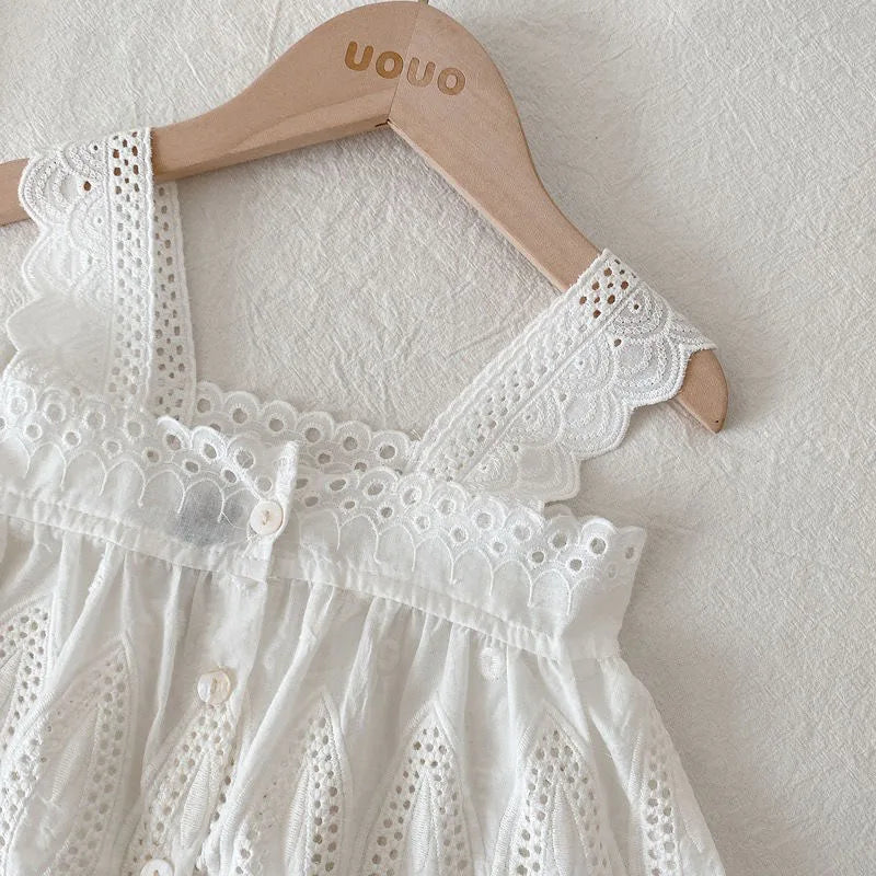 Kid's Lace Halter Seleveless Elastic Waist Denim Shorts Set