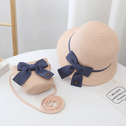 Baby Girls Lace Straw  Wide Brim Shoulder Bag & Sun Hats