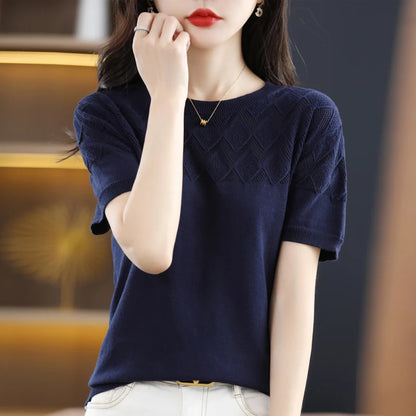 Summer Thin O-Neck Short Sleeve 100% Cotton Blouse