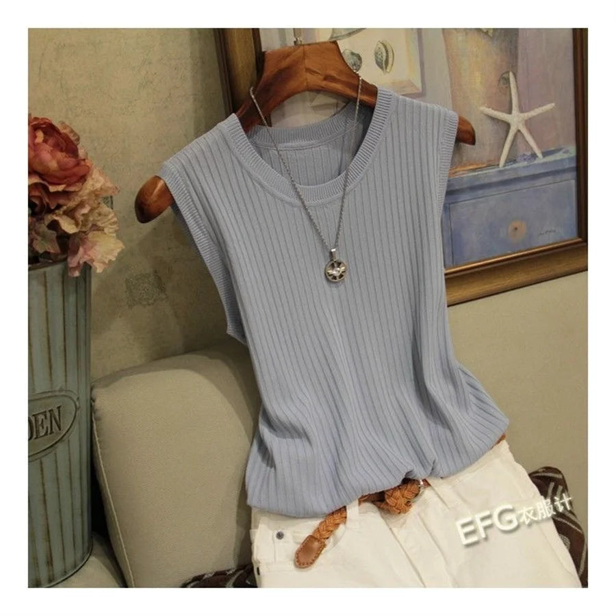 Sleeveless O-neck Knitted Summer Women's Blouse