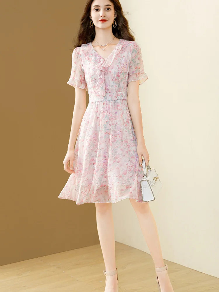 Floral Chiffon V-Neck A-line Dress
