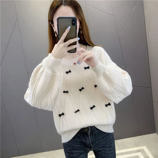Winter Solid Color Bow Jacquard Sweater