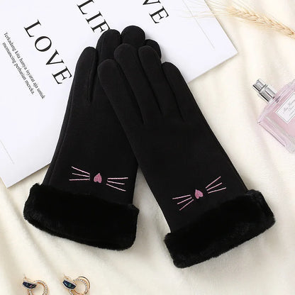 Cat Embroidery Touch Screen Suede Gloves