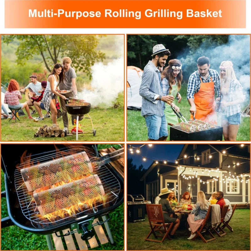 BBQ Outdoor Stainless Steel Rolling Grilling Basket