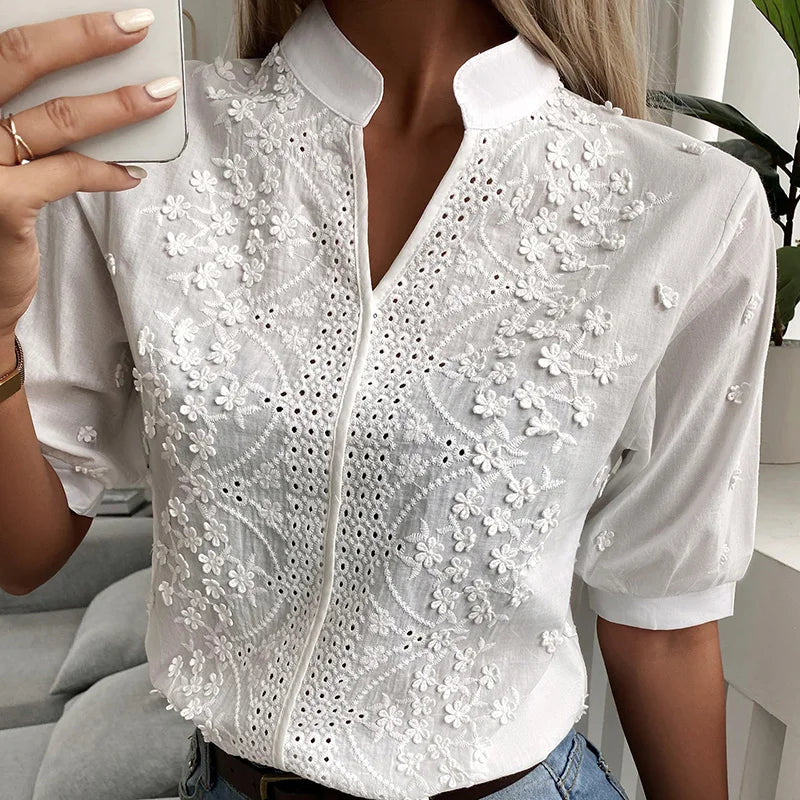 Summer Embroidery Lace V Neck Short Sleeve Tops