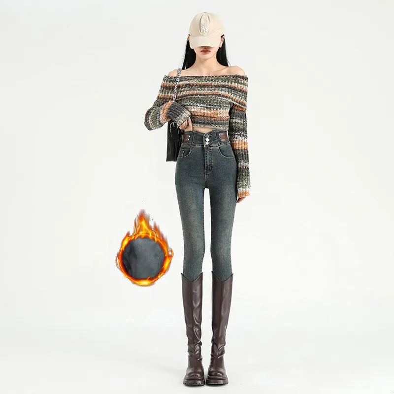 Jean en denim polaire taille haute pour femme