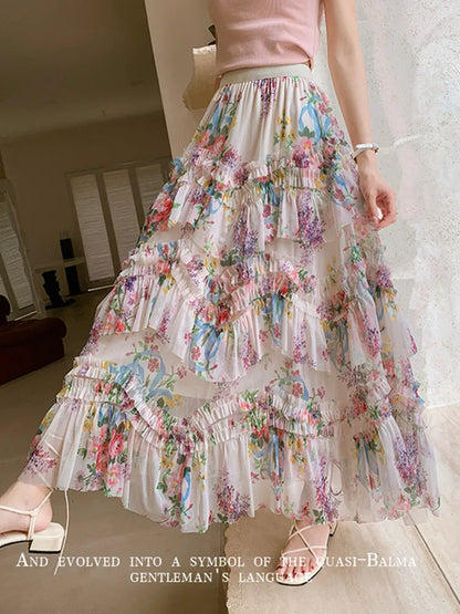 French Ruffle Mesh Floral Print Skirt