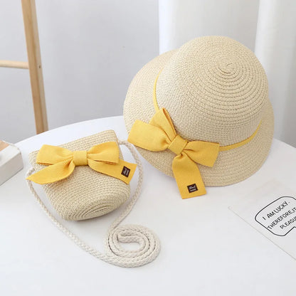 Baby Girls Lace Straw  Wide Brim Shoulder Bag & Sun Hats